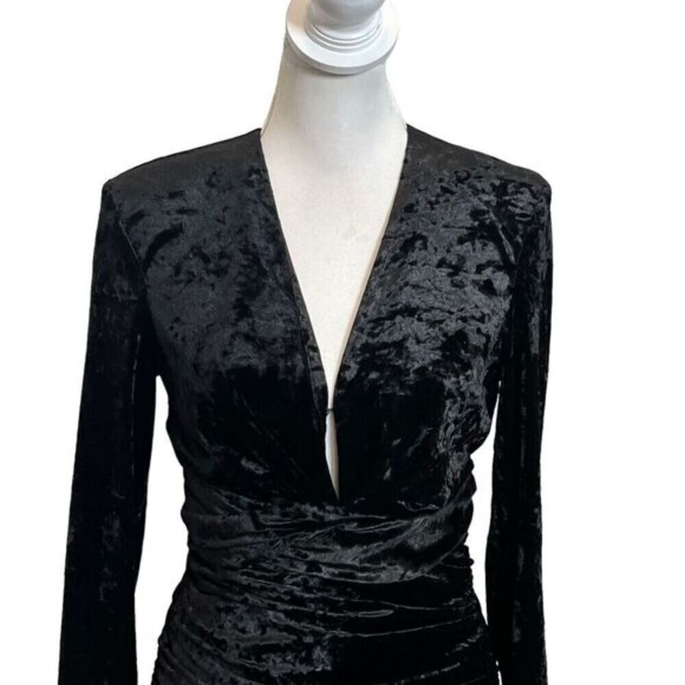 ZARA Ruched Velvet Mini Dress Women’s XS Black Long‎ Sleeve V-Neck Cocktail - Picture 3 of 13